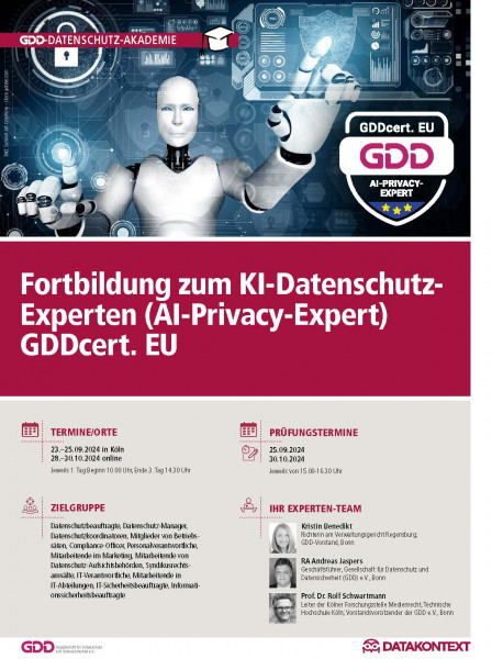 Fortbildung zum KI-Datenschutz-Experten (AI-Privacy-Expert) GDDcert. EU